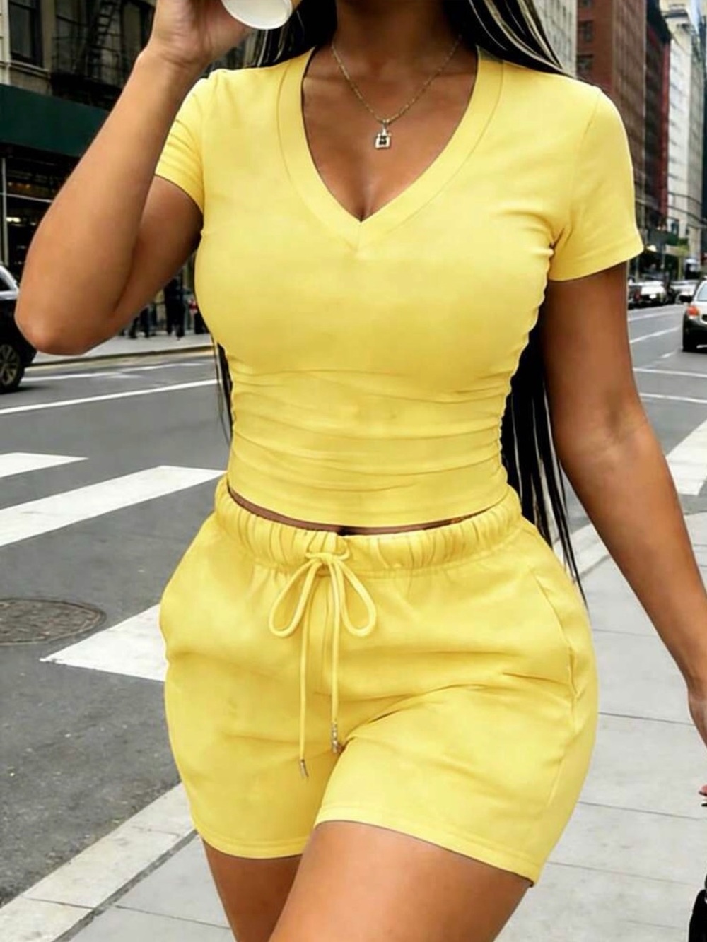 SHEIN Yellow V-Neck Crop Top and Drawstring Shorts Set